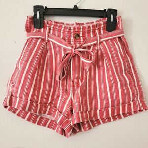 American Eagle Red/White Striped Paper Bag Style Shorts Cuffed 2